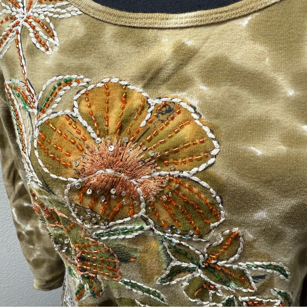 Ash & Sara Embroidered Floral Beaded Cotton Top XL Green Boho Artsy Blouse - Picture 2 of 9